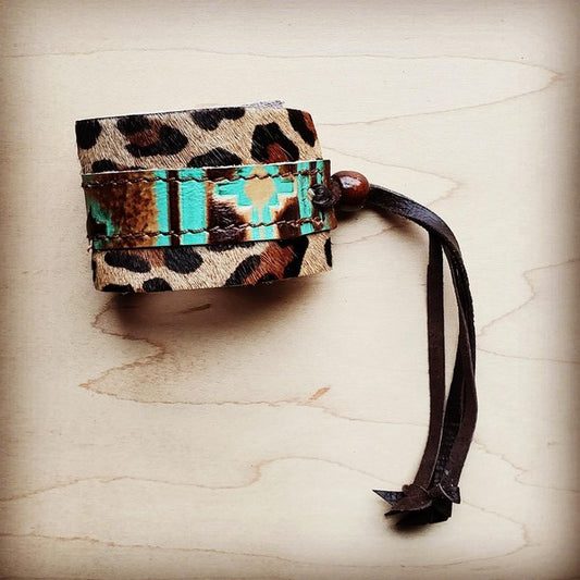 Cuff w/ Leather Tie-Turquoise Navajo and Leopard