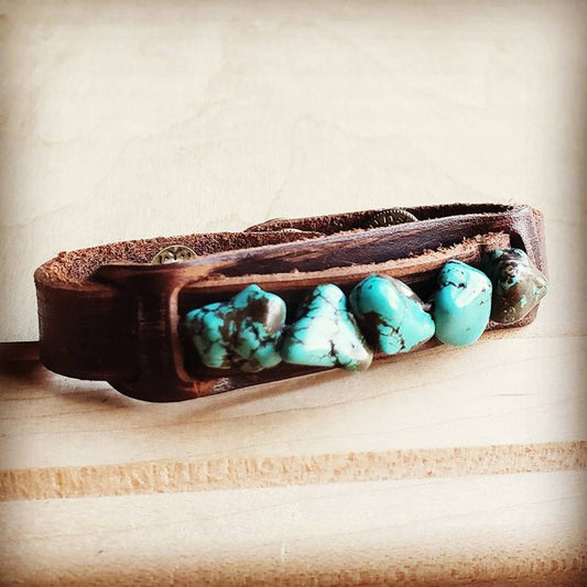 Leather Narrow Cuff With Blue Turquoise Chunks