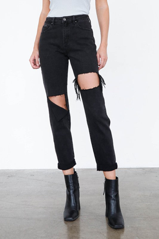 HIGH RISE DISTRESSED ANKLE JEANS
