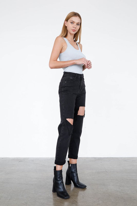 HIGH RISE DISTRESSED ANKLE JEANS