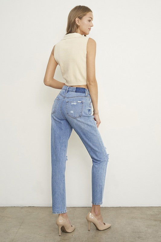 HIGH RISE DISTRESSED GIRLFRIEND JEANS