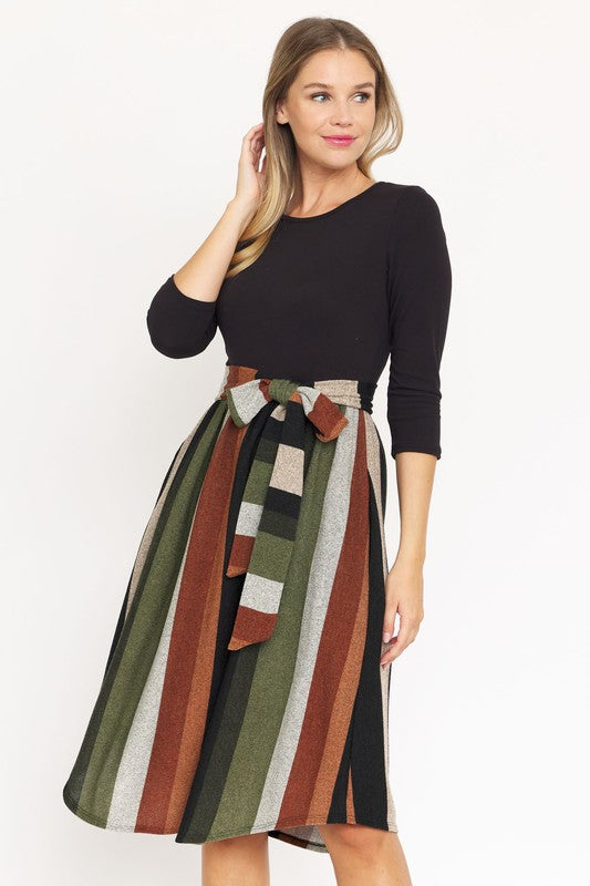 Quarter Sleeve Stripe Sash Midi Dress